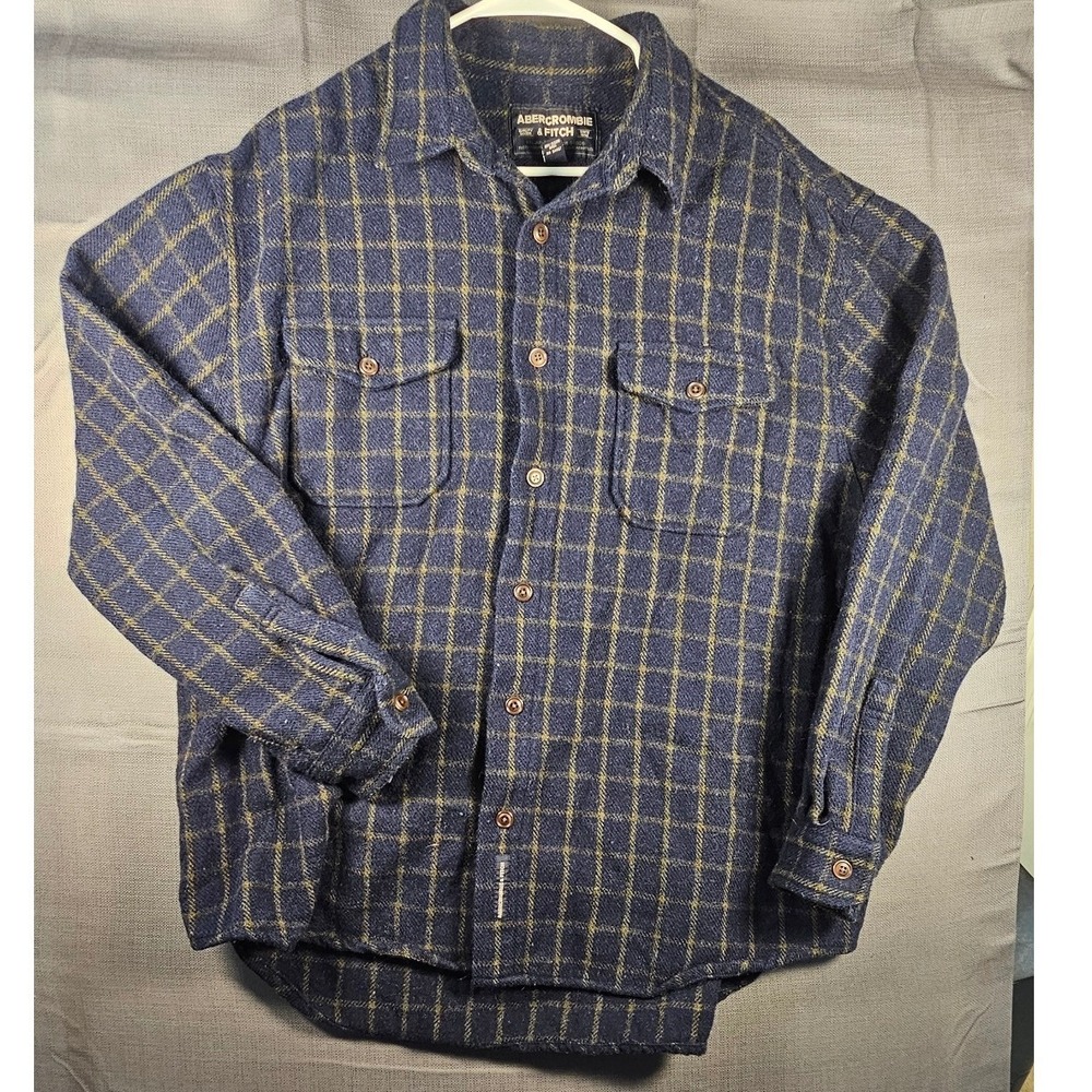 Abercrombie & Fitch  XL Wool Blend Plaid Flannel Shirt Navy Yellow‎ Windowpane